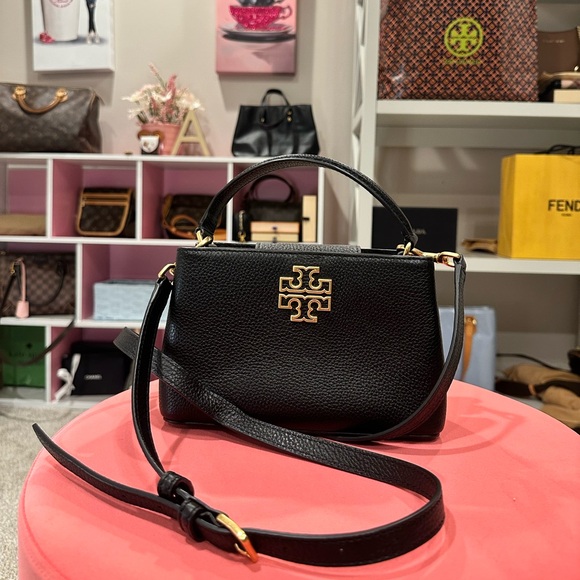 Tory Burch (87974) Britten Black Pebbled Leather Flap Envelope Wristlet Wallet